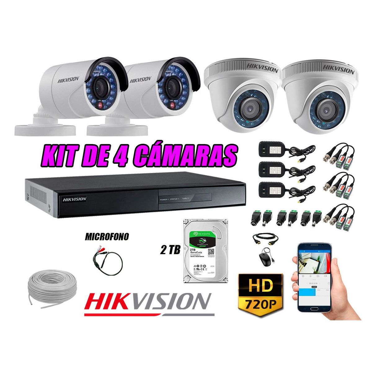 HIKVISION - Kit 4 Cámaras de Seguridad HD 720P Disco 2TB Vigilancia + Kit de Micrófono
