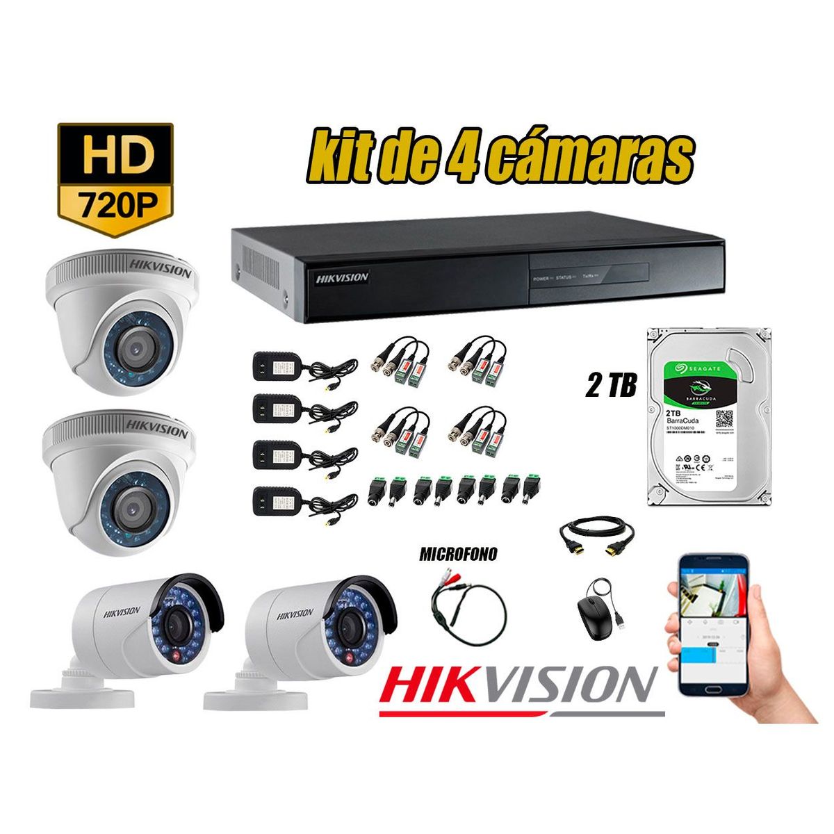 Kit 4 Cámaras de Seguridad HD 720P 2TB Vigilancia + Kit de Micrófono, marca Hikvision - Foto Principal