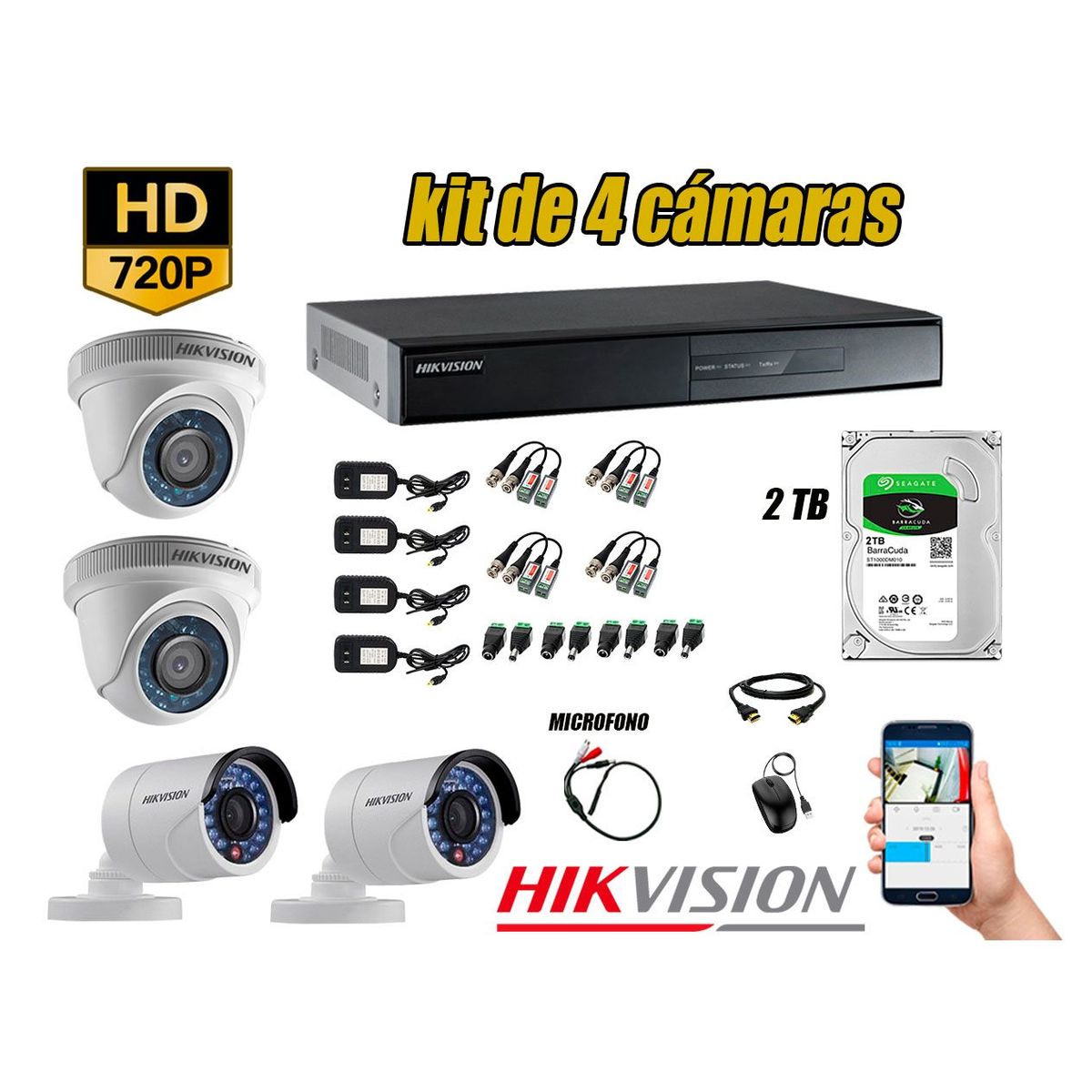 Kit 4 Cámaras de Seguridad HD 720P 2TB Vigilancia + Kit de Micrófono, marca Hikvision - Foto Principal
