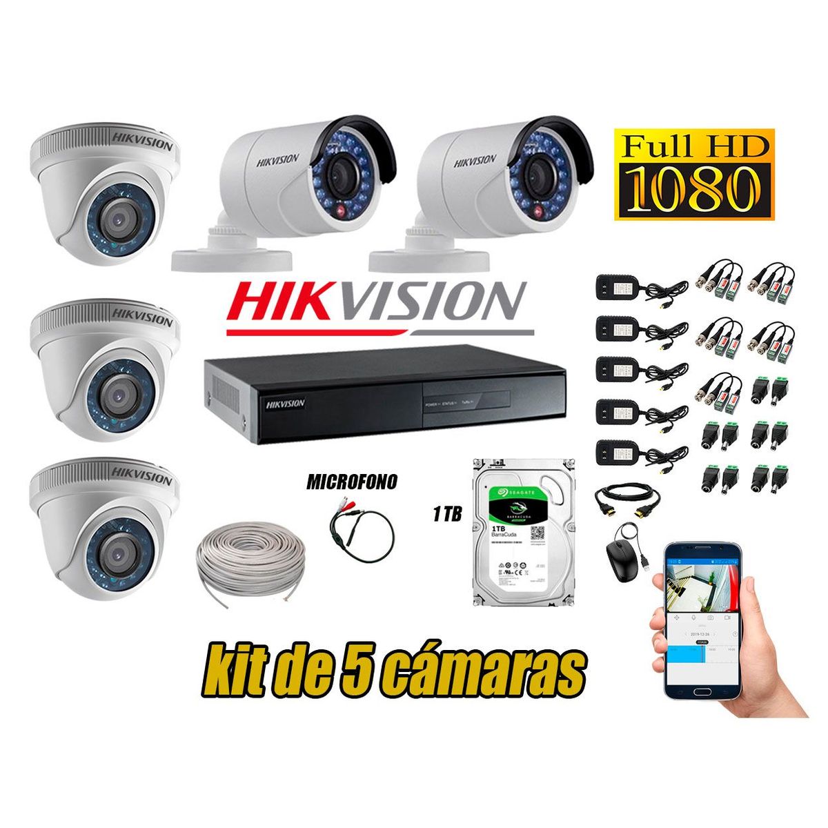 HIKVISION - Kit 5 Cámaras de Seguridad Full HD 1080P 1TB Vigilancia + Kit de Micrófono