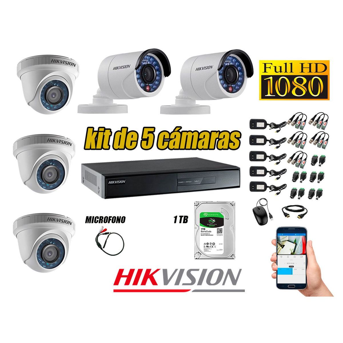 HIKVISION - Kit 5 Cámaras de Seguridad Full HD 1080P Disco 1TB Vigilancia + Kit de Micrófono