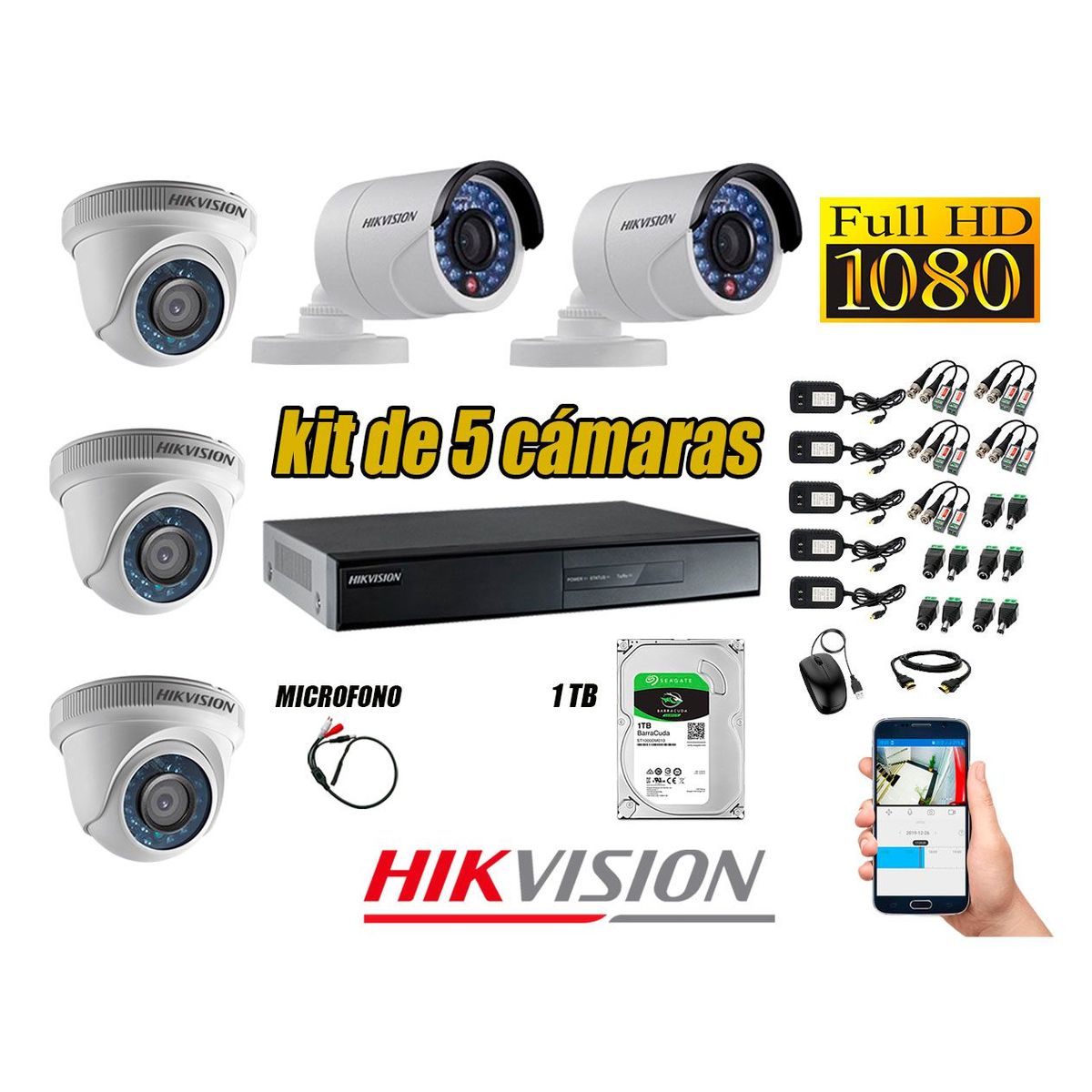 HIKVISION - Kit 5 Cámaras de Seguridad Full HD 1080P Disco 1TB Vigilancia + Kit de Micrófono