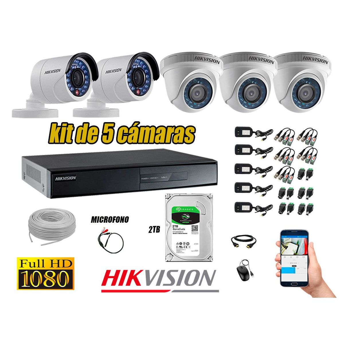 HIKVISION - Kit 5 Cámaras de Seguridad Full HD 1080P 2TB Vigilancia + Kit de Micrófono