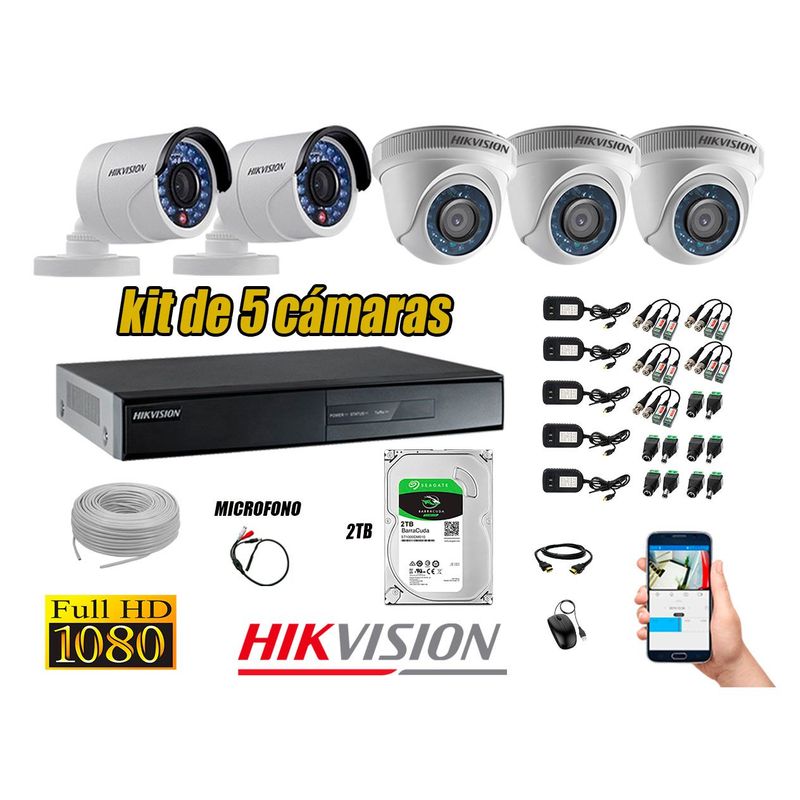 HIKVISION - Kit 5 Cámaras de Seguridad Full HD 1080P 2TB Vigilancia + Kit de Micrófono