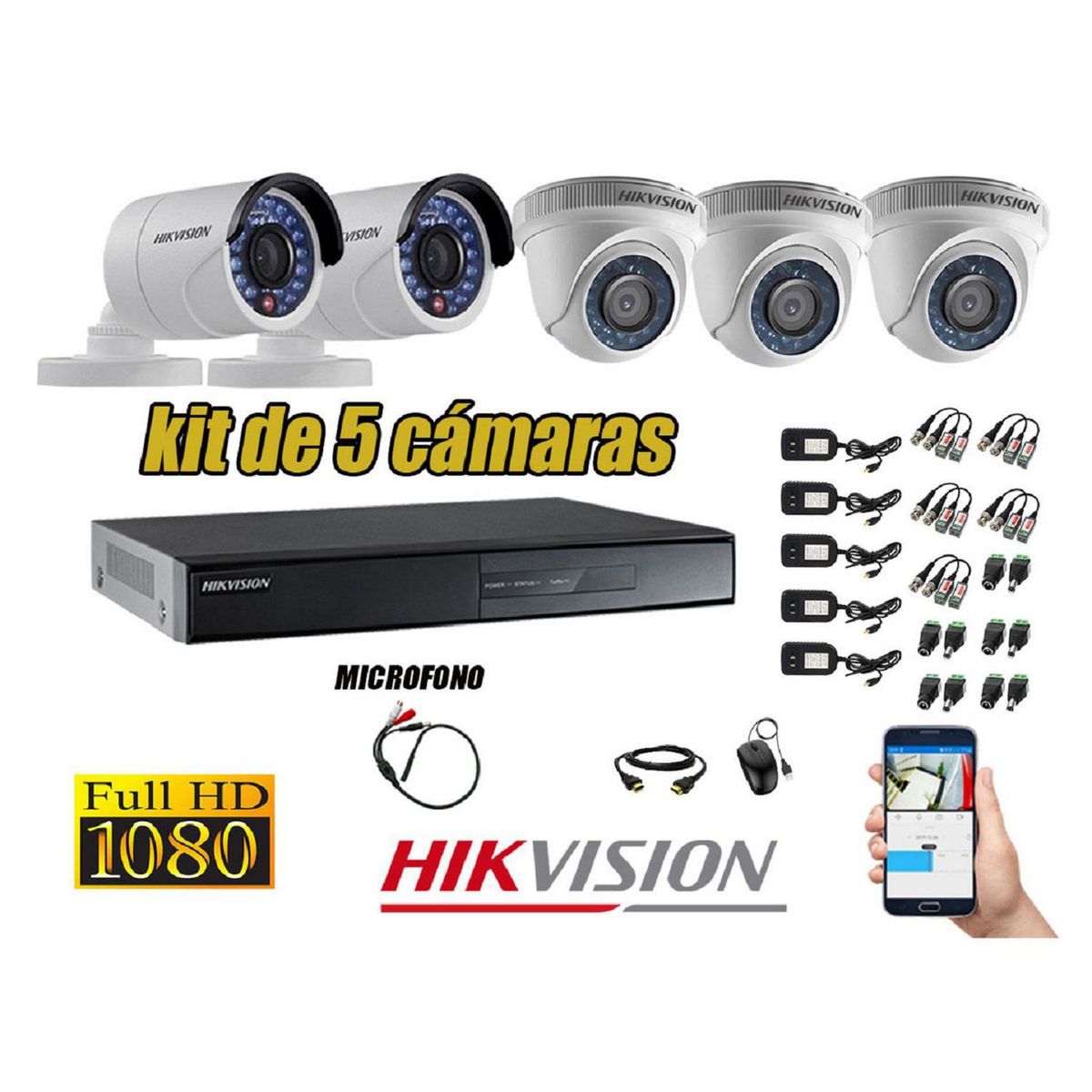 HIKVISION - Kit 5 Cámaras de Seguridad Full HD 1080P P2P Vigilancia + Kit de Micrófono