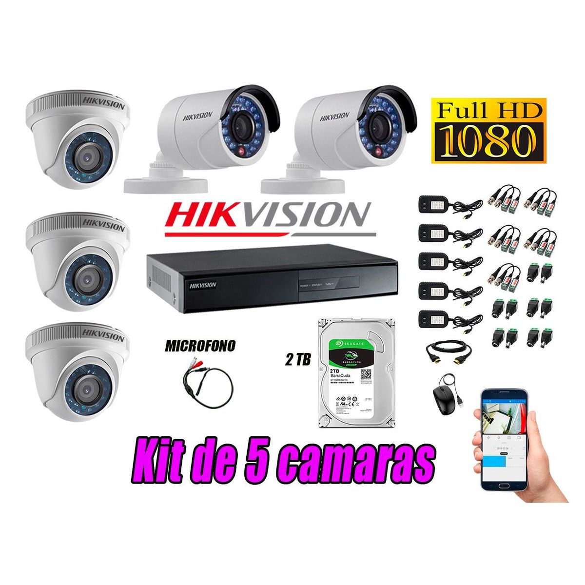 HIKVISION - Kit 5 Cámaras de Seguridad Full HD 1080P Disco 2TB Vigilancia + Kit de Micrófono