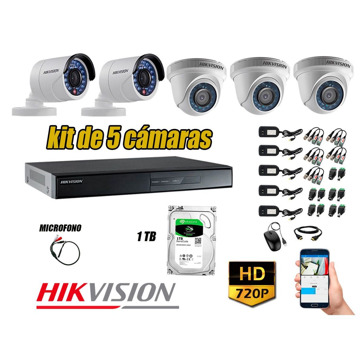 HIKVISION - Kit 5 Cámaras de Seguridad HD 720P 1TB Vigilancia + Kit de Micrófono