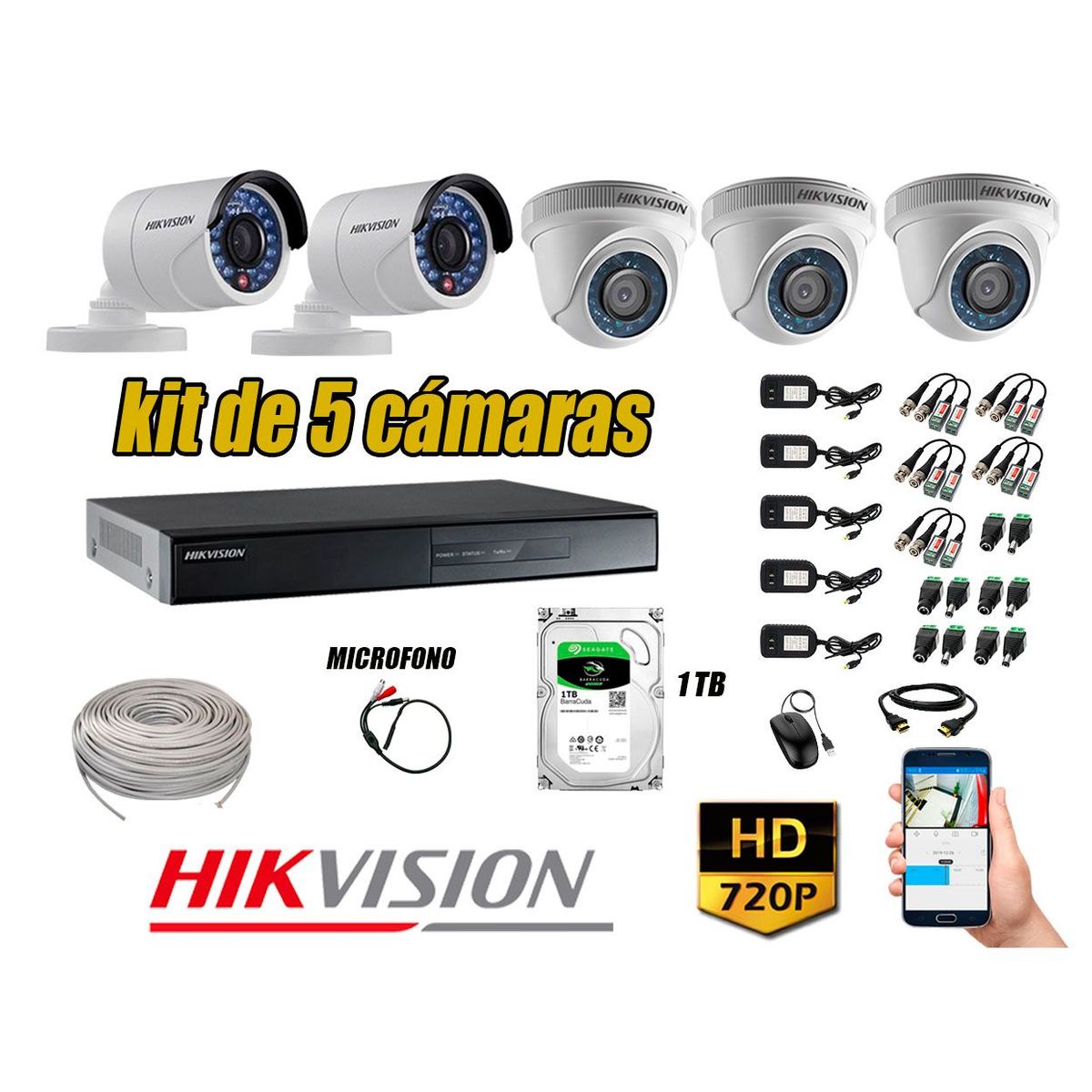HIKVISION - Kit 5 Cámaras de Seguridad HD 720P Disco 1TB Vigilancia + Kit de Micrófono