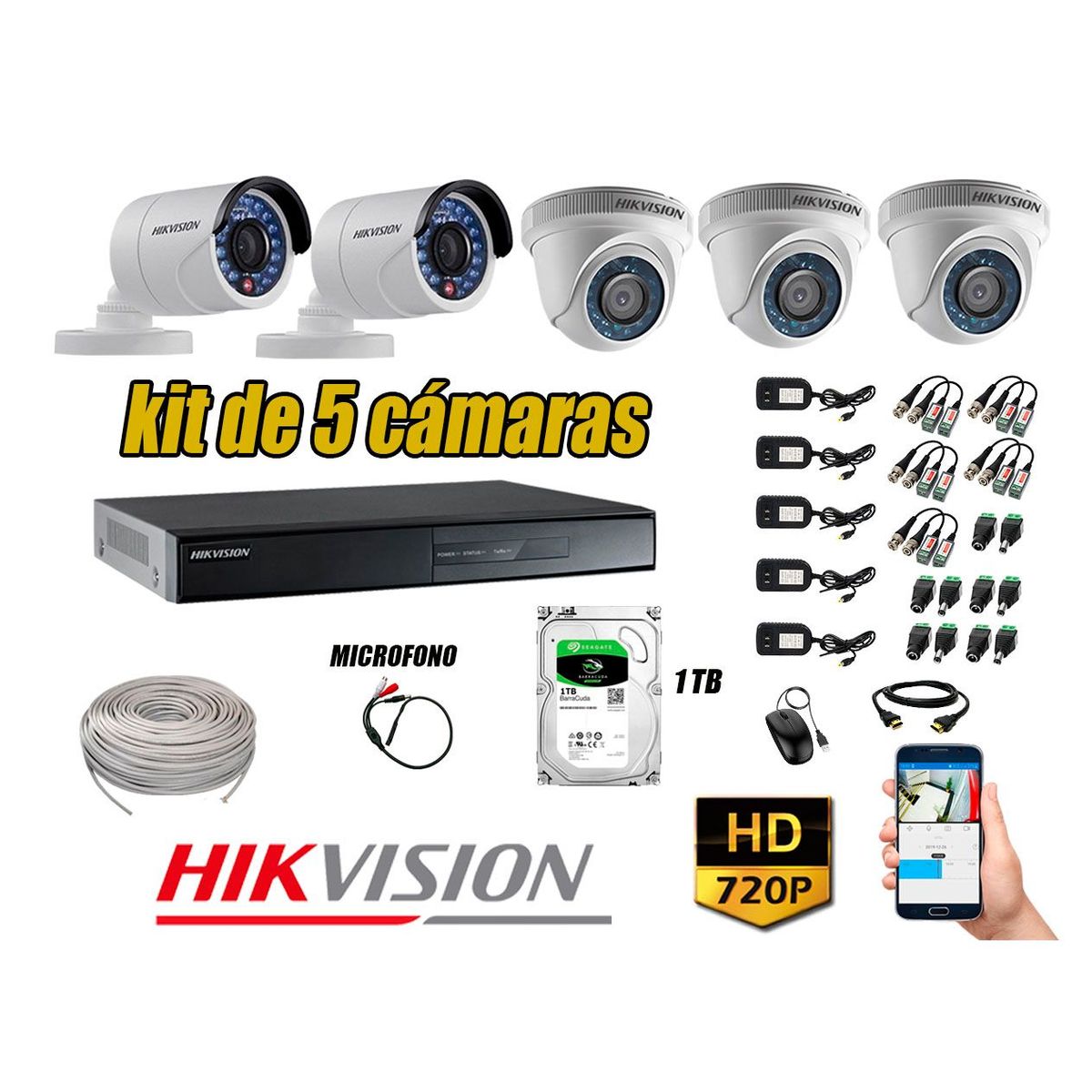 HIKVISION - Kit 5 Cámaras de Seguridad HD 720P Disco 1TB Vigilancia + Kit de Micrófono