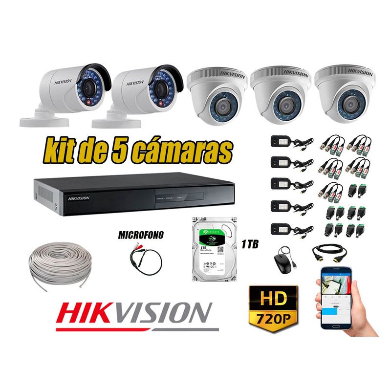 HIKVISION - Kit 5 Cámaras de Seguridad HD 720P Disco 1TB Vigilancia + Kit de Micrófono