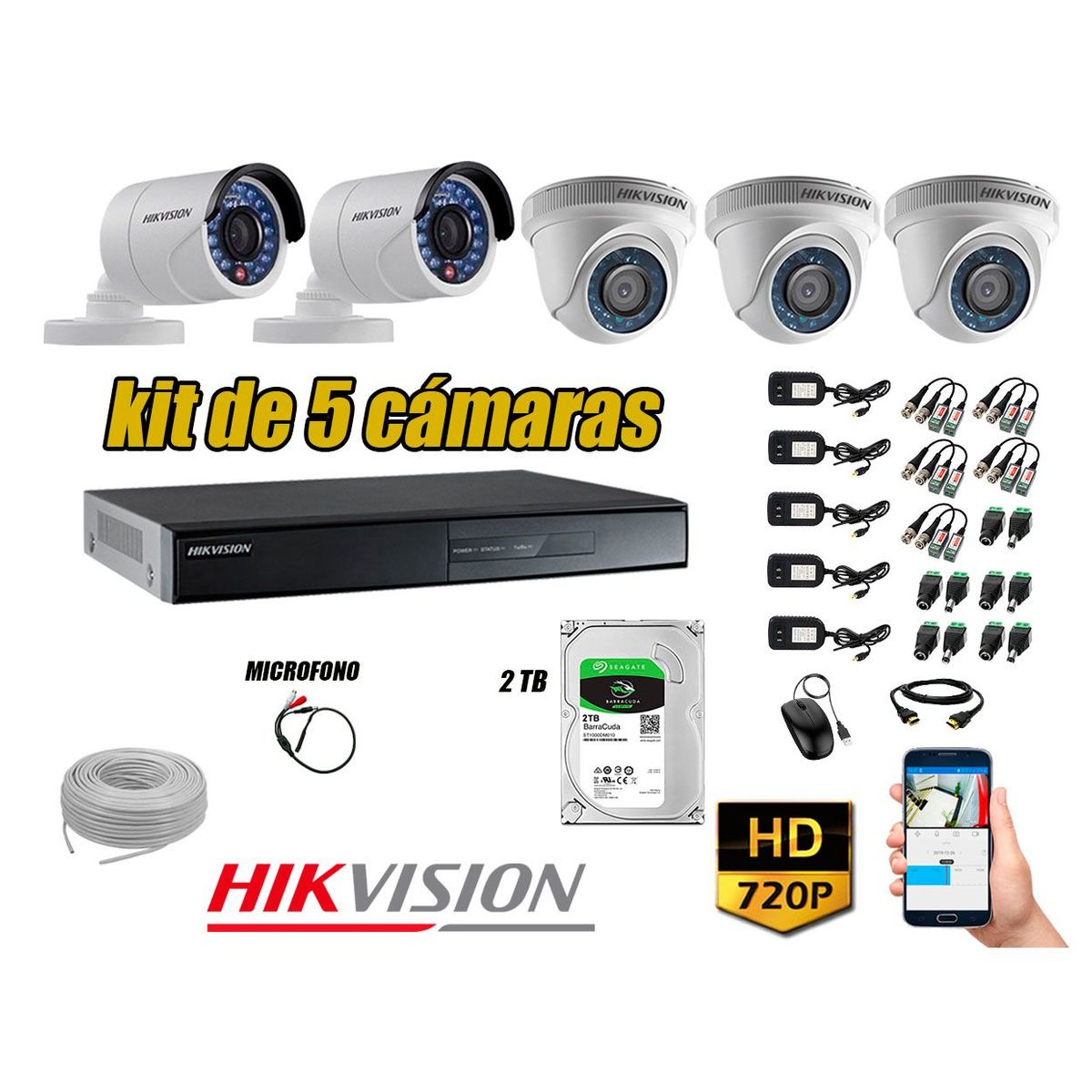 HIKVISION - Kit 5 Cámaras de Seguridad HD 720P 2TB Vigilancia + Kit de Micrófono