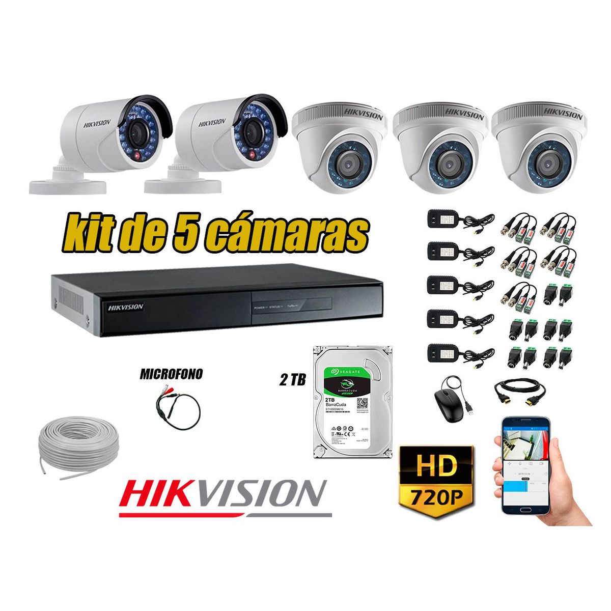 HIKVISION - Kit 5 Cámaras de Seguridad HD 720P 2TB Vigilancia + Kit de Micrófono