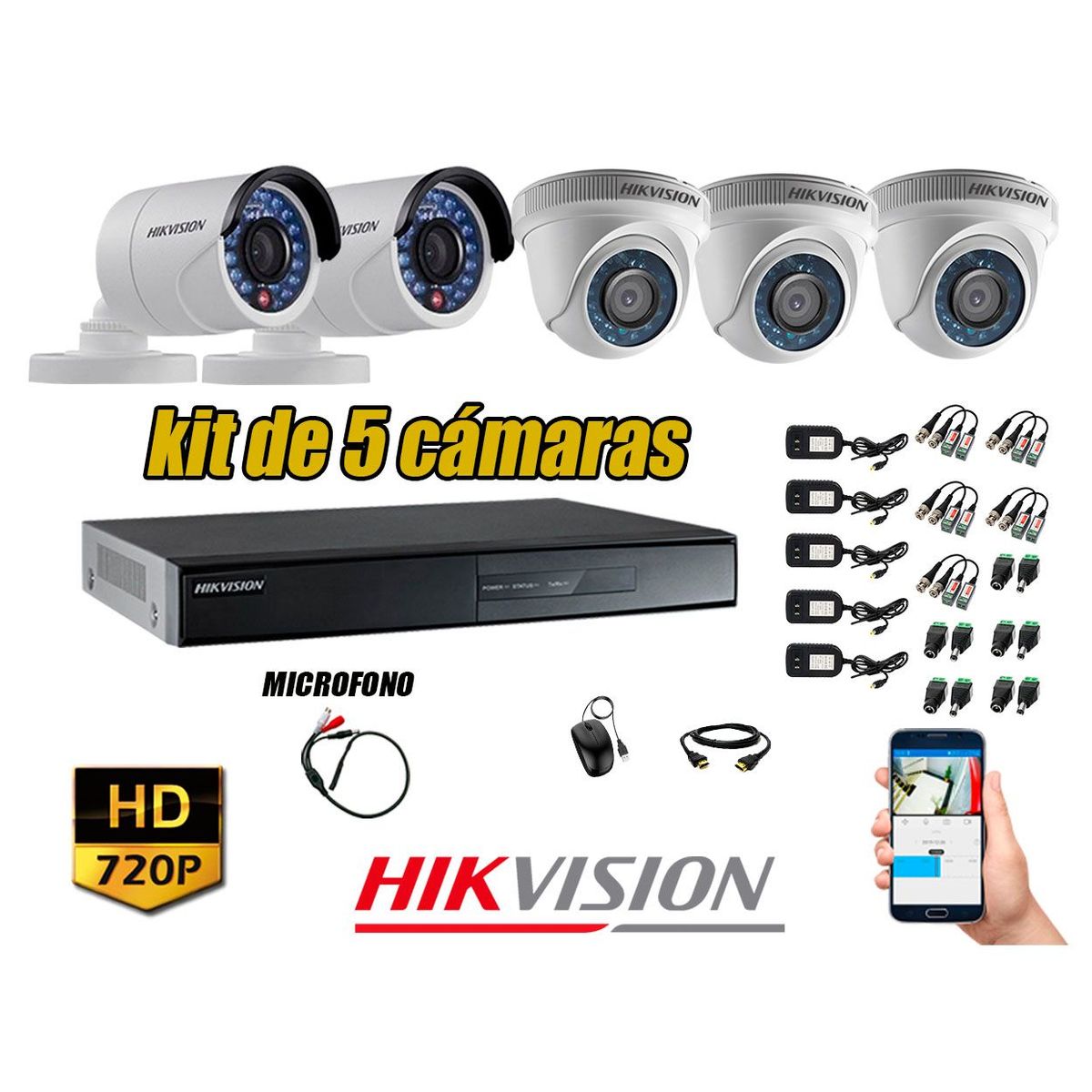 HIKVISION - Kit 5 Cámaras de Seguridad HD 720P P2P Vigilancia + Kit de Micrófono