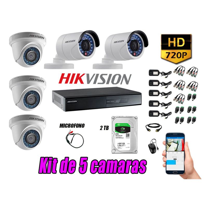 HIKVISION - Kit 5 Cámaras de Seguridad HD 720P Disco 2TB Vigilancia + Kit de Micrófono