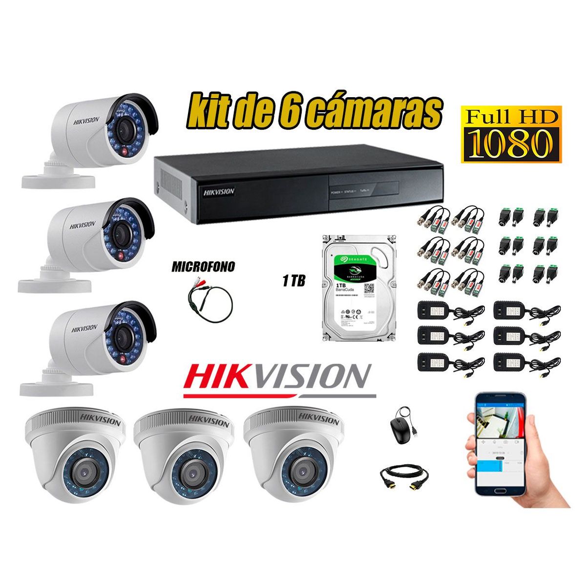 HIKVISION - Kit 6 Cámaras de Seguridad Full HD 1080P 1TB Vigilancia + Kit de Micrófono