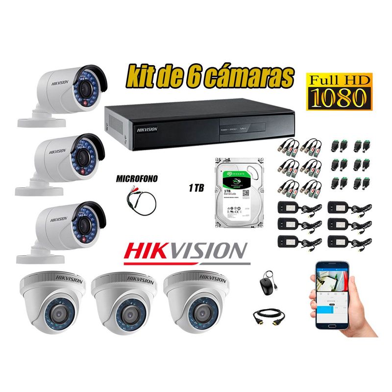 HIKVISION - Kit 6 Cámaras de Seguridad Full HD 1080P 1TB Vigilancia + Kit de Micrófono