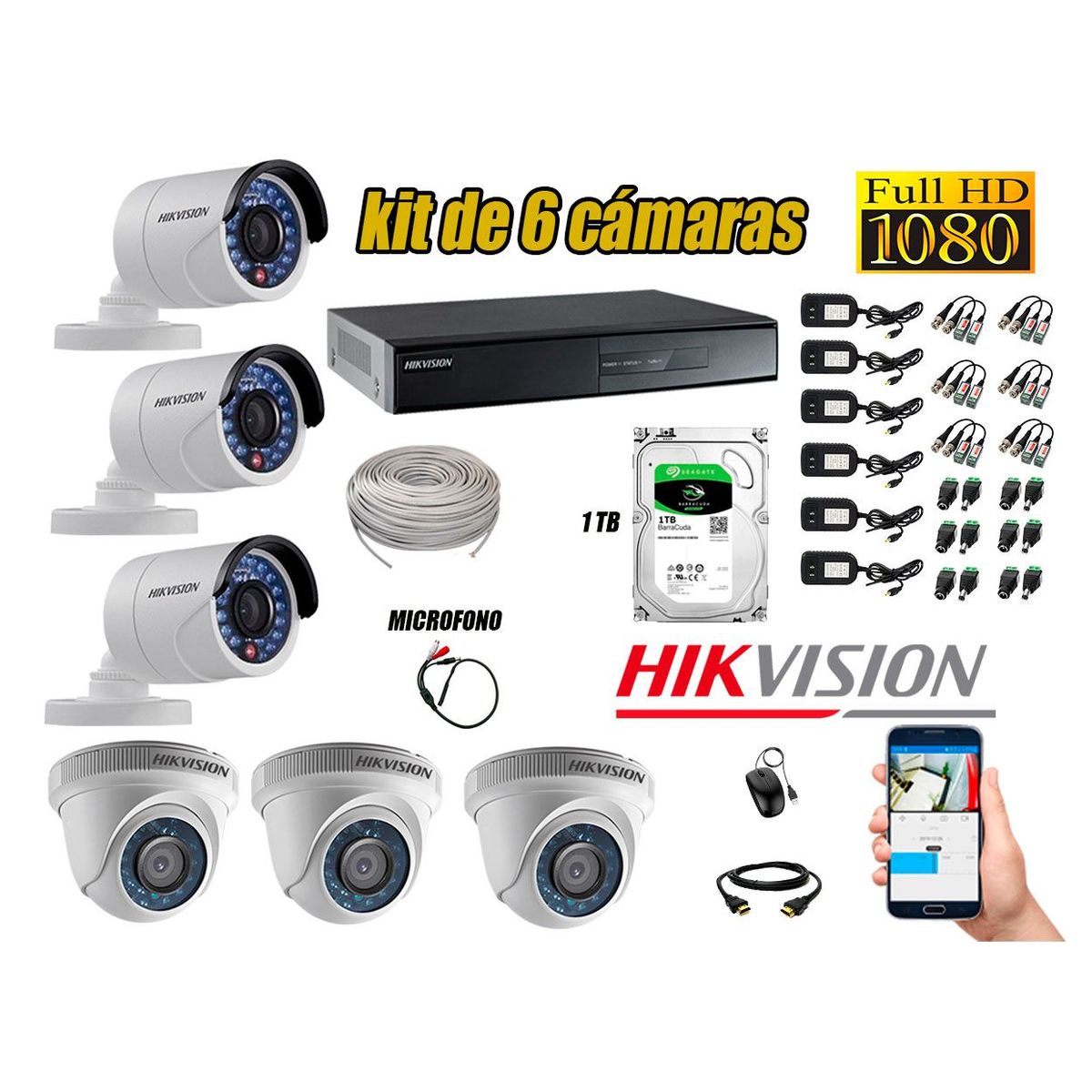 HIKVISION - Kit 6 Cámaras de Seguridad Full HD 1080P Disco 1TB Vigilancia + Kit de Micrófono