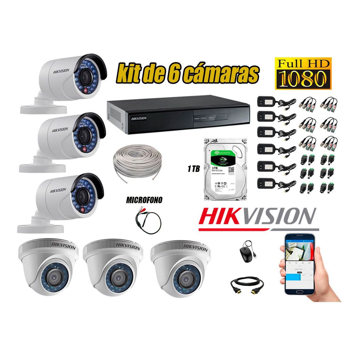 HIKVISION - Kit 6 Cámaras de Seguridad Full HD 1080P Disco 1TB Vigilancia + Kit de Micrófono