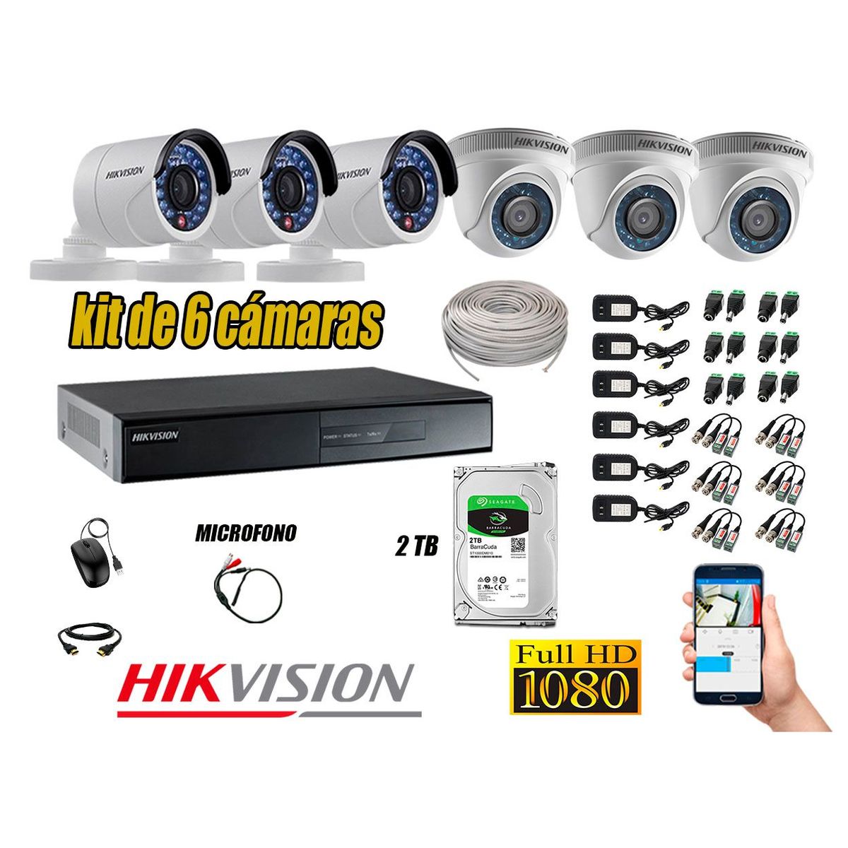 HIKVISION - Kit 6 Cámaras de Seguridad Full HD 1080P 2TB Vigilancia + Kit de Micrófono