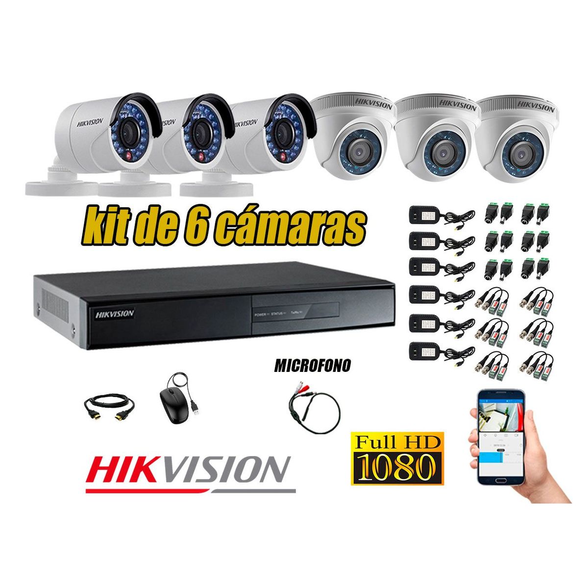 HIKVISION - Kit 6 Cámaras de Seguridad Full HD 1080P P2P Vigilancia + Kit de Micrófono