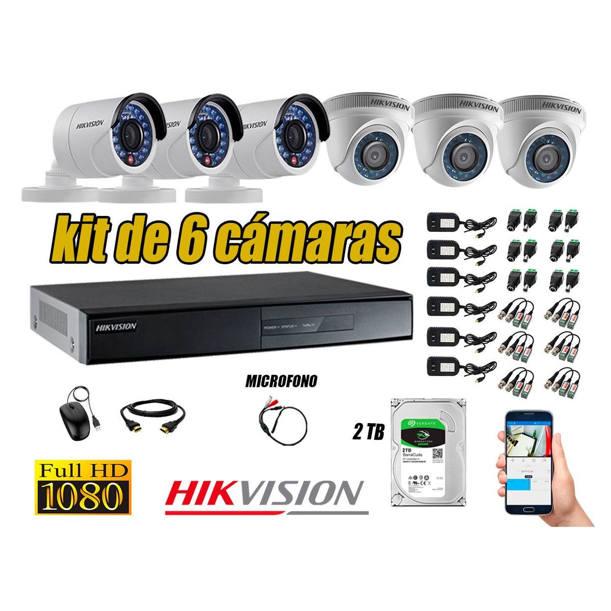 Kit 6 Cámaras de Seguridad Full HD 1080P Disco 2TB Vigilancia + Kit de Micrófono, marca HIKVISION - Foto Principal