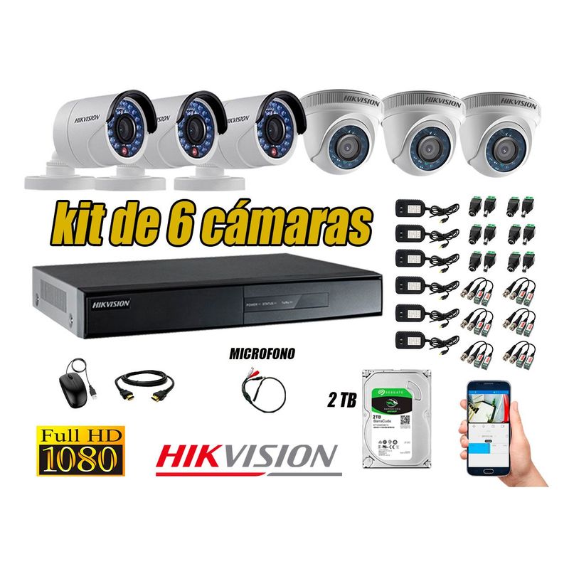 HIKVISION - Kit 6 Cámaras de Seguridad Full HD 1080P Disco 2TB Vigilancia + Kit de Micrófono