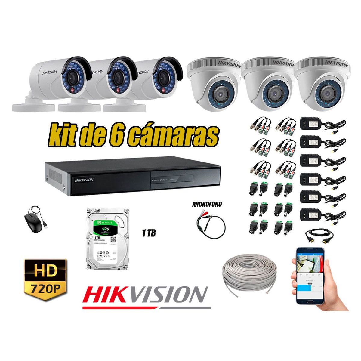 Kit 6 Cámaras de Seguridad HD 720P 1TB Vigilancia + Kit de Micrófono, marca HIKVISION - Foto Principal