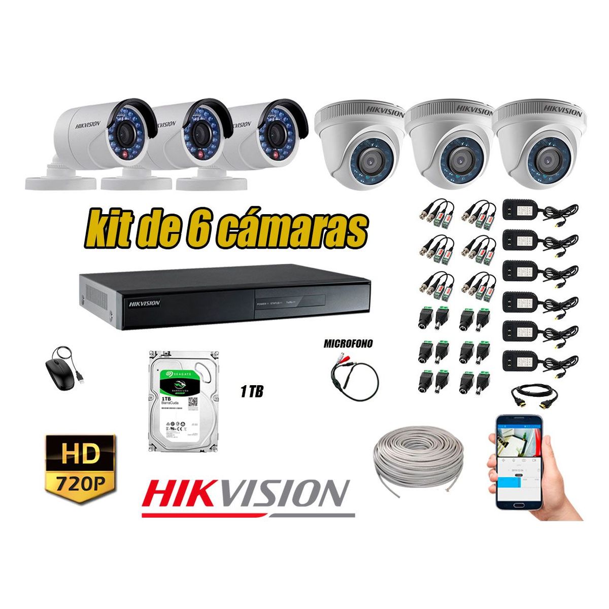 Kit 6 Cámaras de Seguridad HD 720P 1TB Vigilancia + Kit de Micrófono, marca HIKVISION - Foto Principal