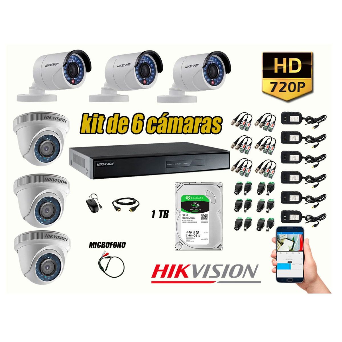 HIKVISION - Kit 6 Cámaras de Seguridad HD 720P Disco 1TB Vigilancia + Kit de Micrófono