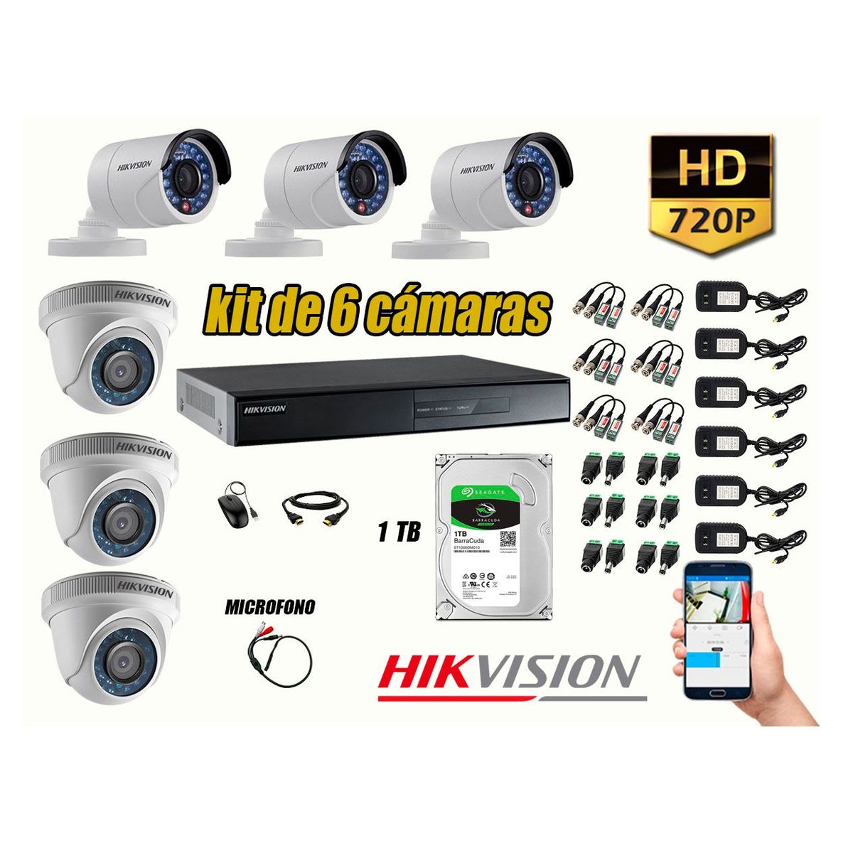 HIKVISION - Kit 6 Cámaras de Seguridad HD 720P Disco 1TB Vigilancia + Kit de Micrófono