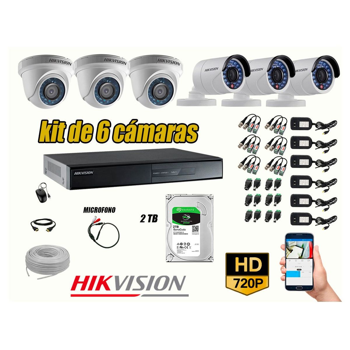 HIKVISION - Kit 6 Cámaras de Seguridad HD 720P 2TB Vigilancia + Kit de Micrófono