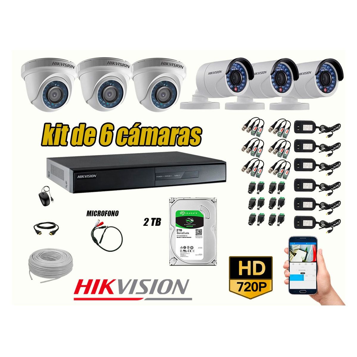 HIKVISION - Kit 6 Cámaras de Seguridad HD 720P 2TB Vigilancia + Kit de Micrófono
