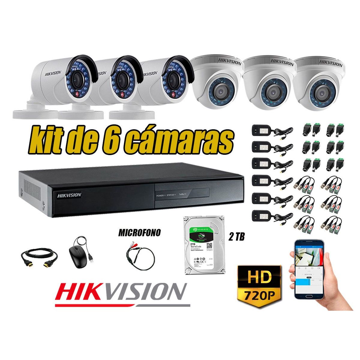 HIKVISION - Kit 6 Cámaras de Seguridad HD 720P Disco 2TB Vigilancia + Kit de Micrófono