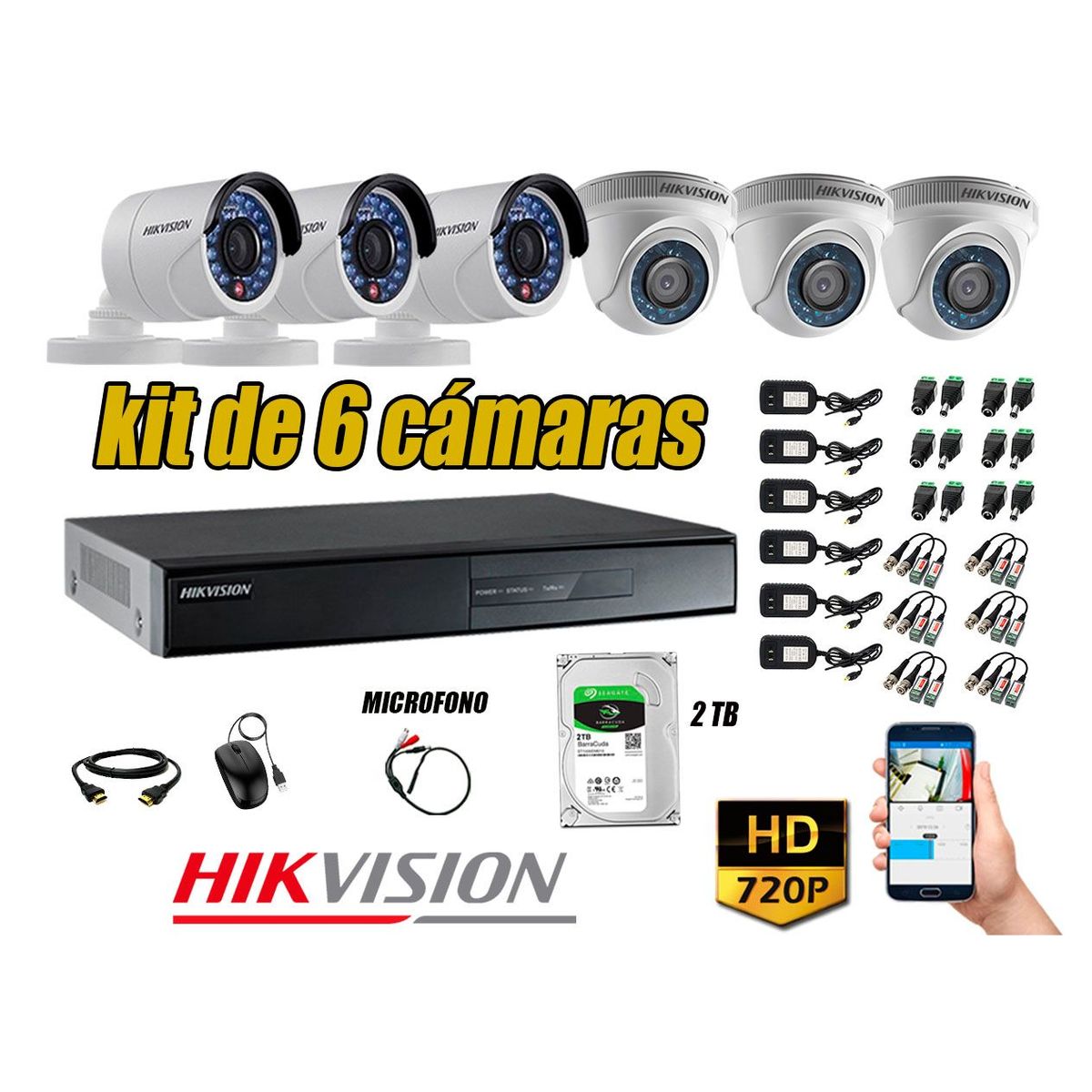 HIKVISION - Kit 6 Cámaras de Seguridad HD 720P Disco 2TB Vigilancia + Kit de Micrófono