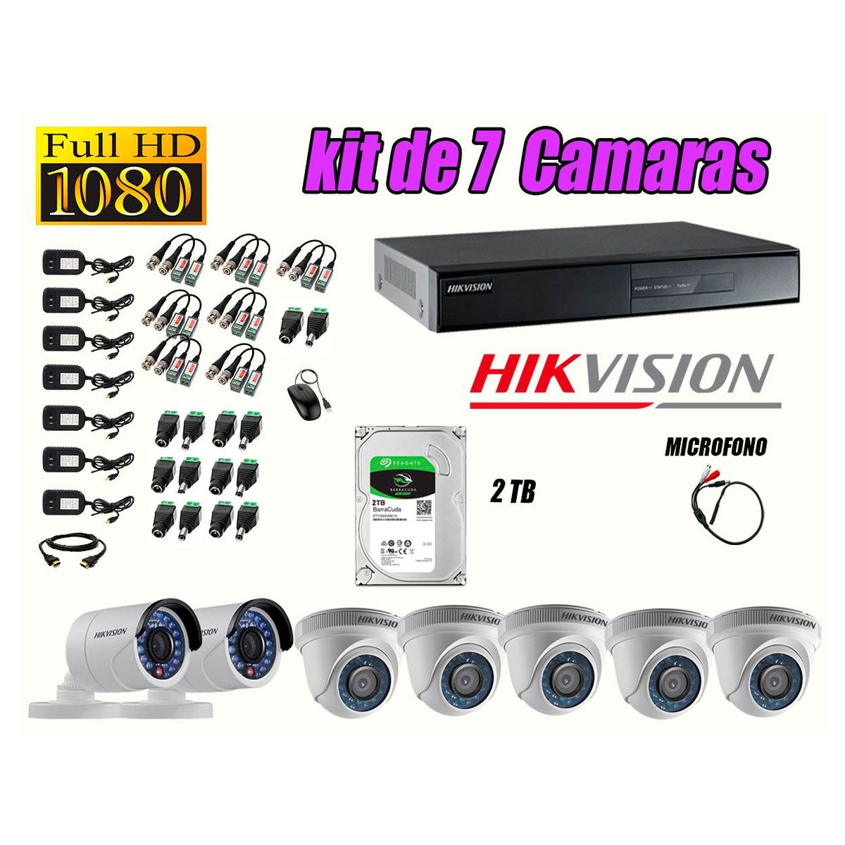 HIKVISION - Kit 7 Cámaras de Seguridad Full HD 1080P 2TB Vigilancia + Kit de Micrófono