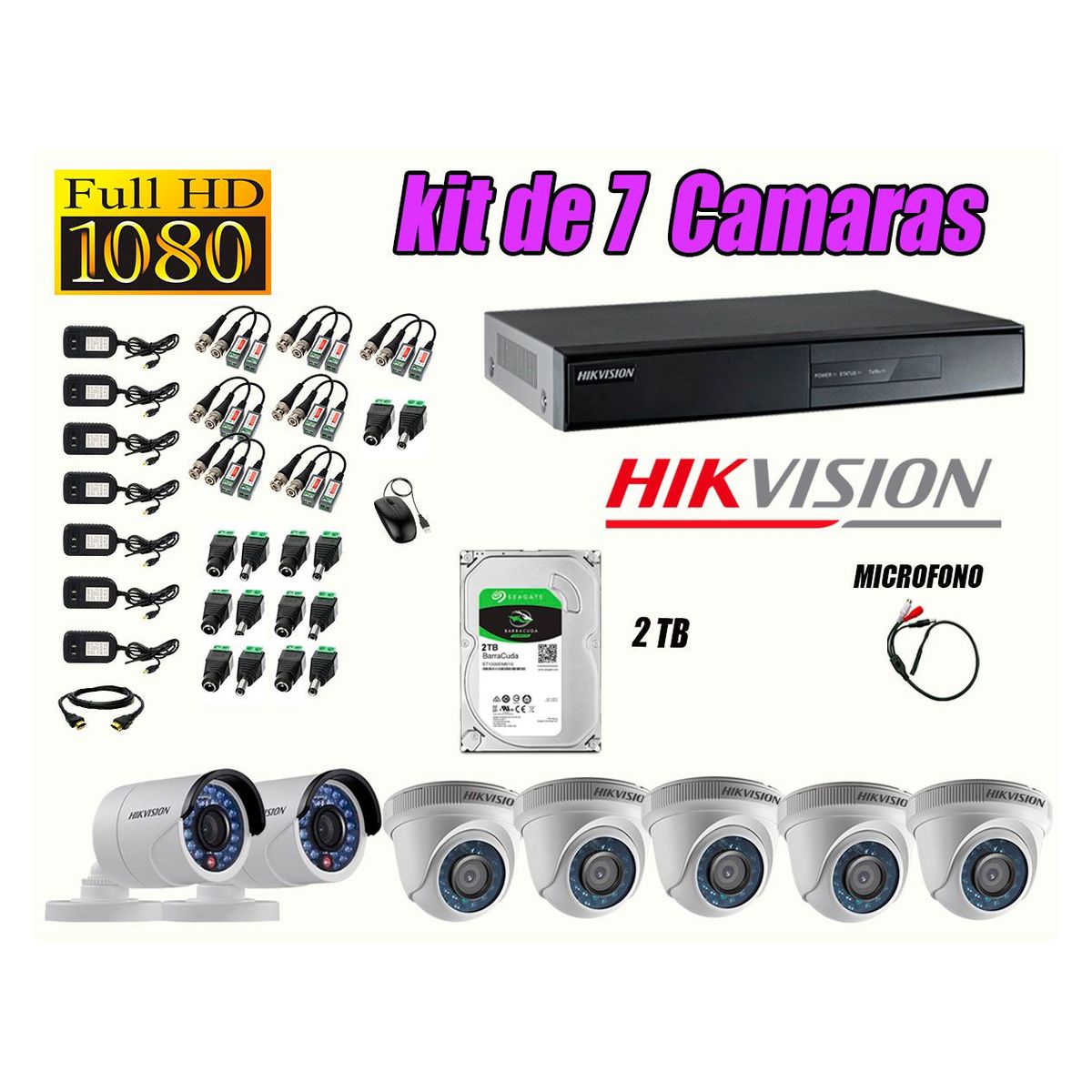 HIKVISION - Kit 7 Cámaras de Seguridad Full HD 1080P 2TB Vigilancia + Kit de Micrófono