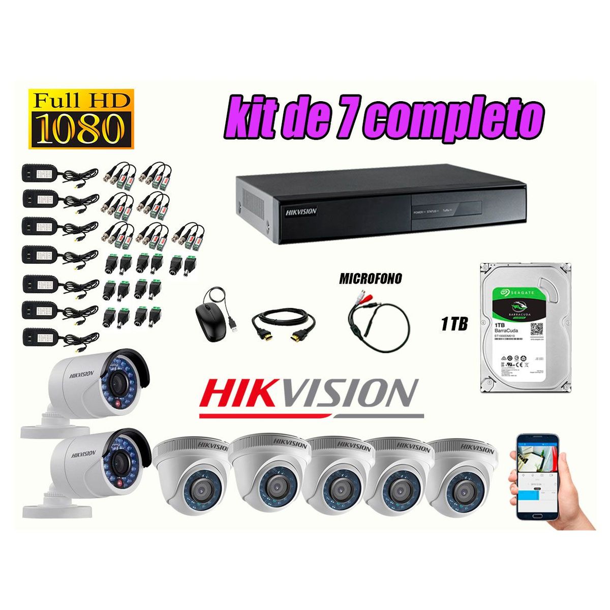 HIKVISION - Kit 7 Cámaras de Seguridad Full HD 1080P 1TB Vigilancia + Kit de Micrófono