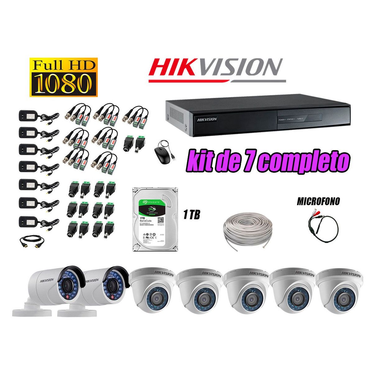 HIKVISION - Kit 7 Cámaras de Seguridad Full HD 1080P Disco 1TB Vigilancia + Kit de Micrófono