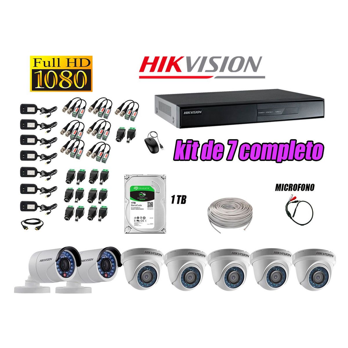 HIKVISION - Kit 7 Cámaras de Seguridad Full HD 1080P Disco 1TB Vigilancia + Kit de Micrófono