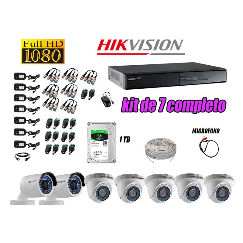 HIKVISION - Kit 7 Cámaras de Seguridad Full HD 1080P Disco 1TB Vigilancia + Kit de Micrófono