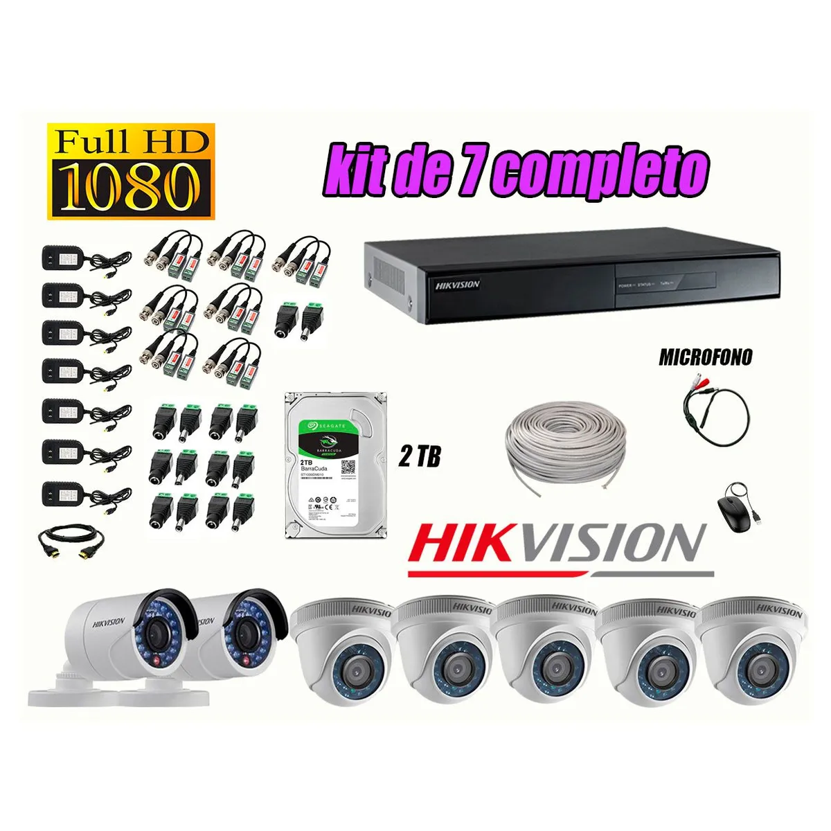 HIKVISION - Kit 7 Cámaras de Seguridad Full HD 1080P Disco 2TB Vigilancia + Kit de Micrófono