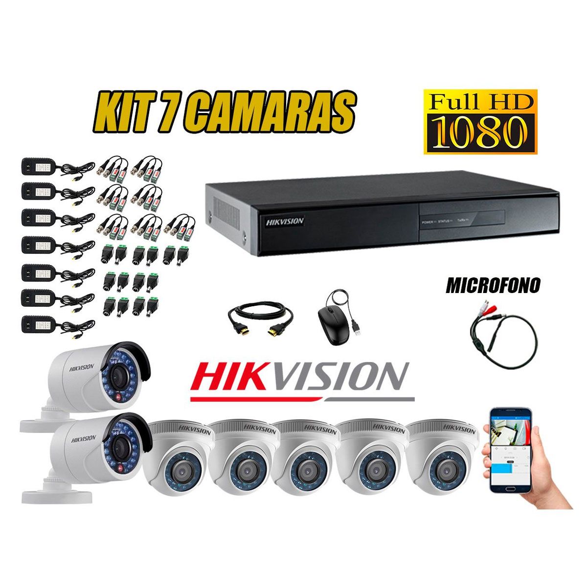 HIKVISION - Kit 7 Cámaras de Seguridad Full HD 1080P P2P Vigilancia + Kit de Micrófono