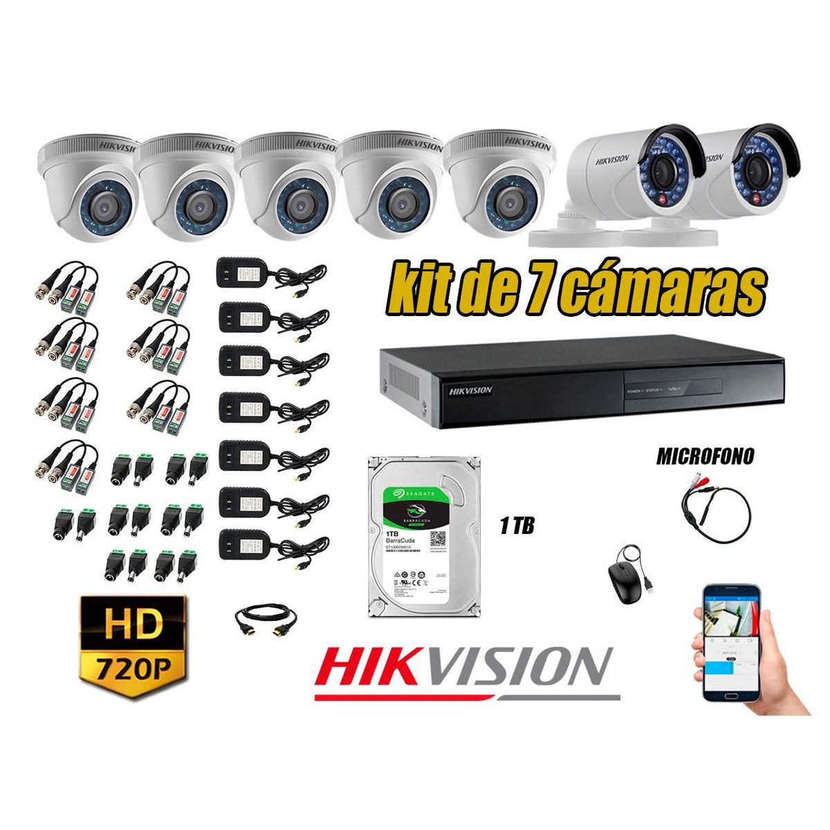 HIKVISION - Kit 7 Cámaras de Seguridad HD 720P 1TB Vigilancia + Kit de Micrófono