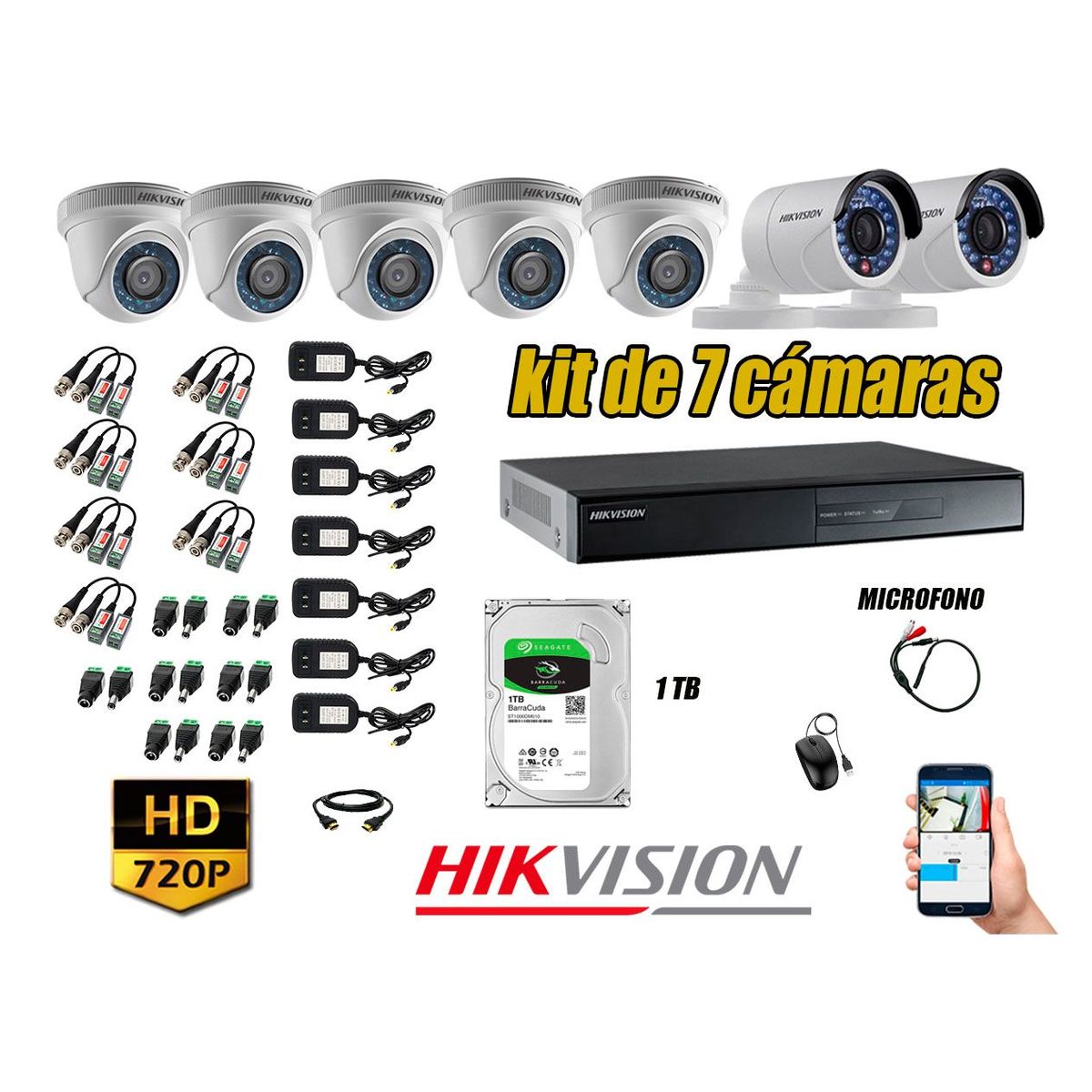 HIKVISION - Kit 7 Cámaras de Seguridad HD 720P 1TB Vigilancia + Kit de Micrófono