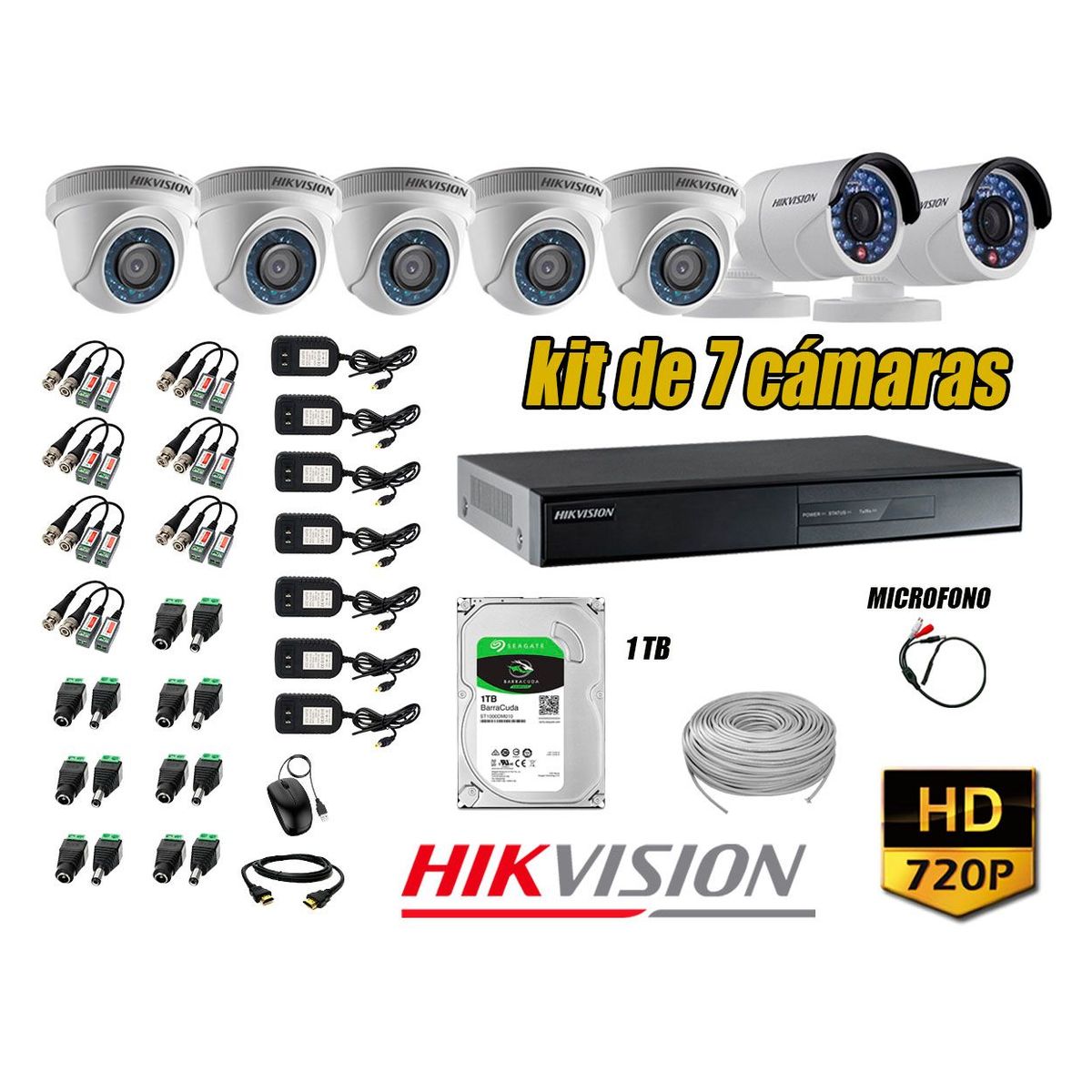 Kit 7 Cámaras de Seguridad HD 720P Disco 1TB Vigilancia + Kit de Micrófono, marca HIKVISION - Foto Principal