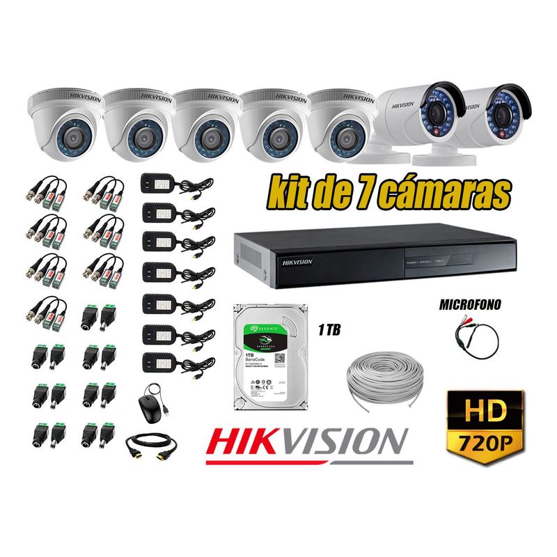 HIKVISION - Kit 7 Cámaras de Seguridad HD 720P Disco 1TB Vigilancia + Kit de Micrófono