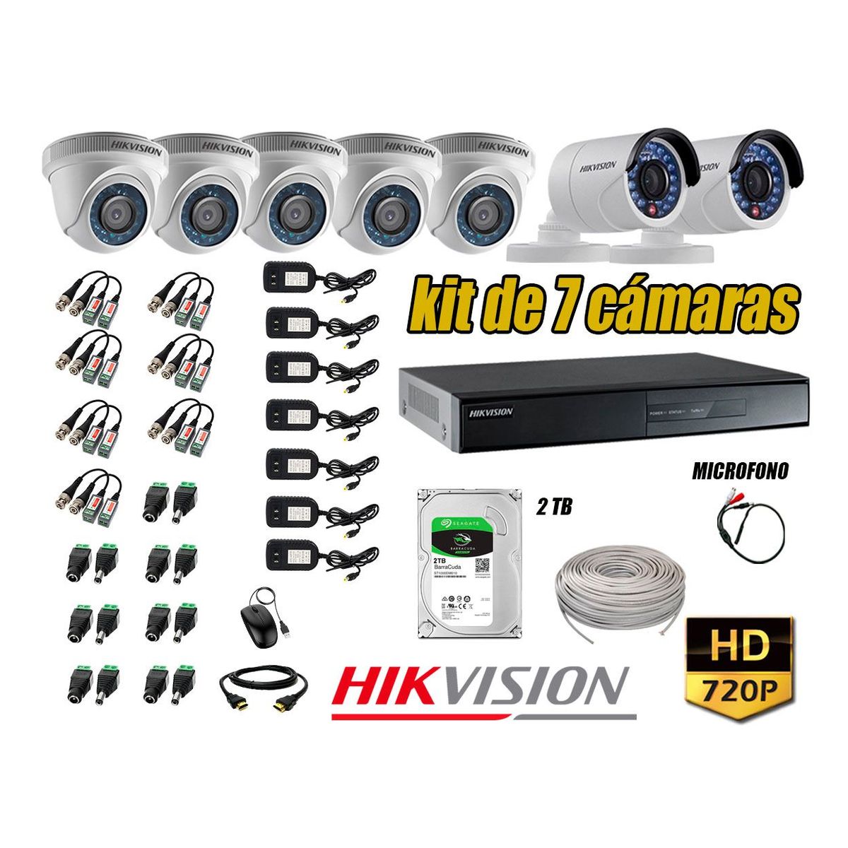HIKVISION - Kit 7 Cámaras de Seguridad HD 720P 2TB Vigilancia + Kit de Micrófono