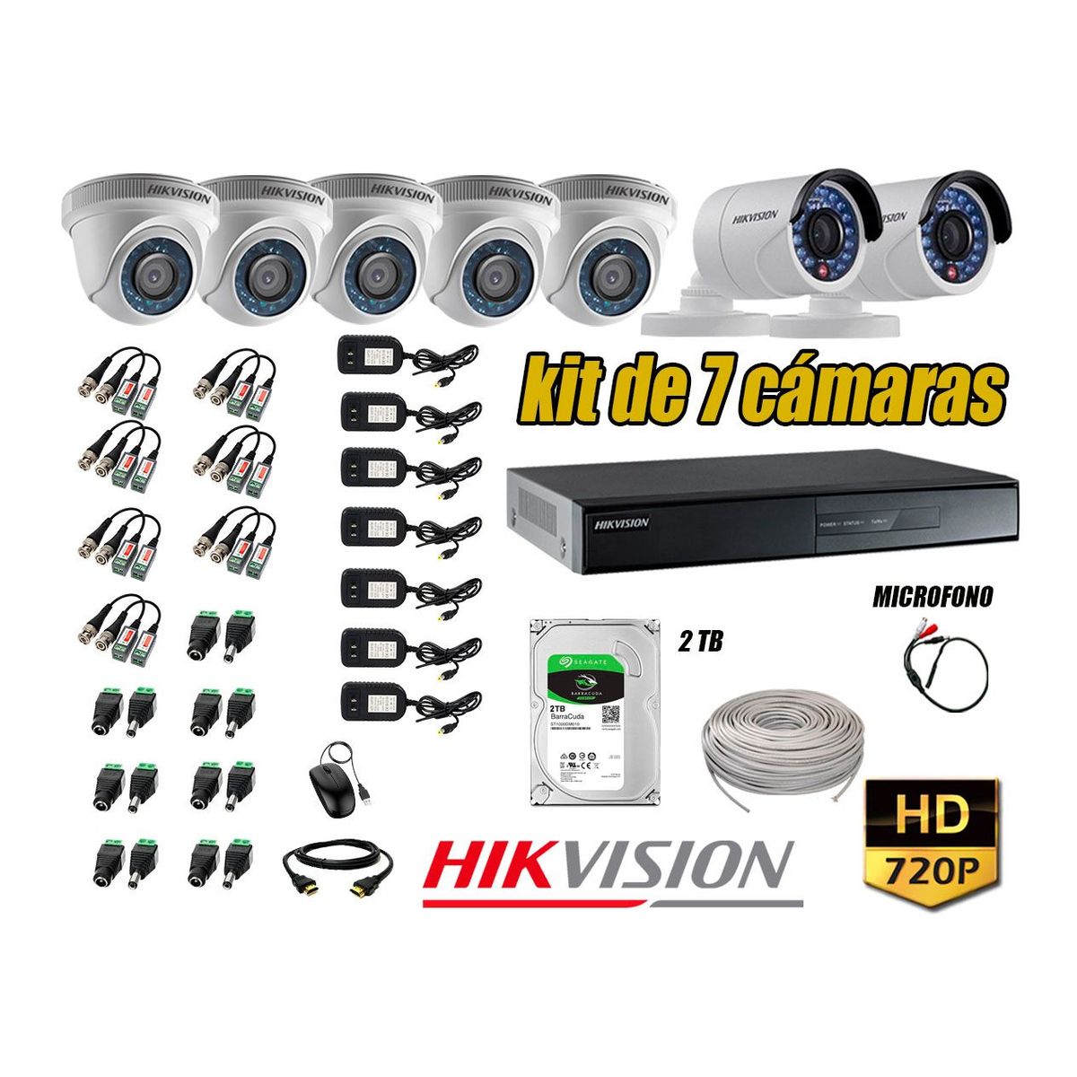 HIKVISION - Kit 7 Cámaras de Seguridad HD 720P 2TB Vigilancia + Kit de Micrófono