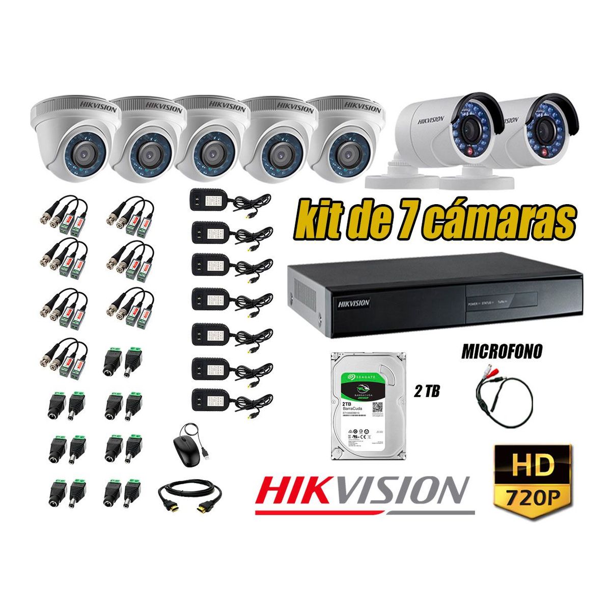 Kit 7 Cámaras de Seguridad HD 720P Disco 2TB Vigilancia + Kit de Micrófono, marca Hikvision - Foto Principal