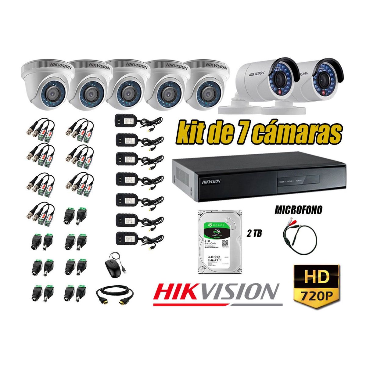 Kit 7 Cámaras de Seguridad HD 720P Disco 2TB Vigilancia + Kit de Micrófono, marca Hikvision - Foto Principal